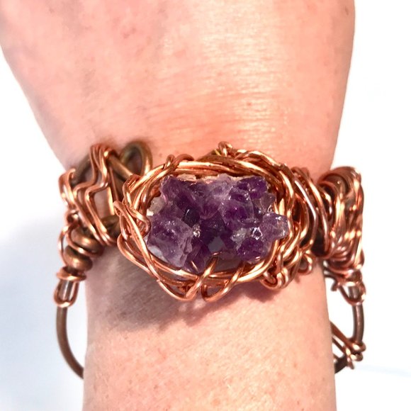 Brutalist Huge Genuine Amethyst Geode Drusy Gemstone Wire Wrapped Copper Cuff - Picture 7 of 7